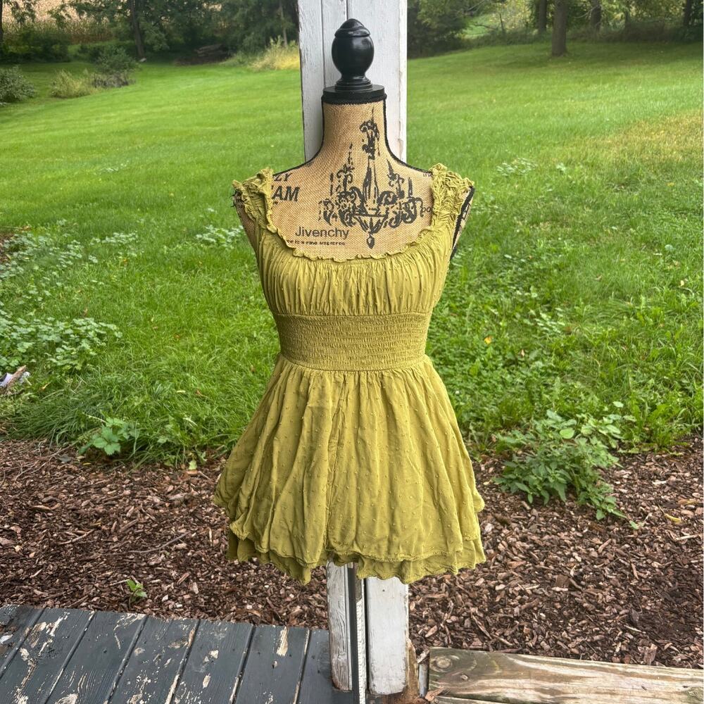 Urban Outfitters Rosie Smocked Tiered Ruffle Romper Green Small Swiss Dot